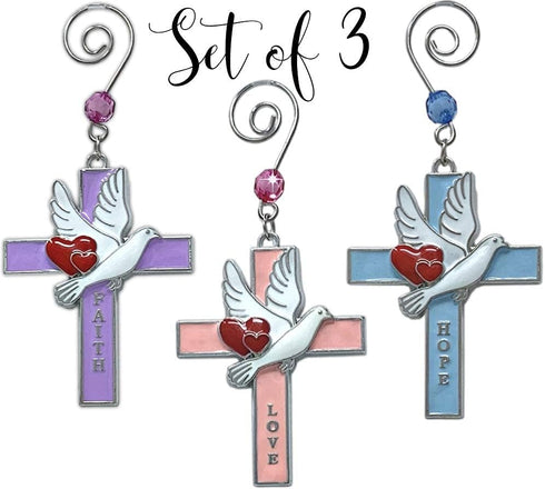 Faith Hope Love Cross Christmas Ornaments, Set of 3 Religious Crosses with Doves, Hearts, Inspirational Xmas Gift