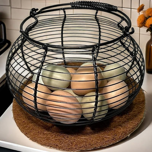 Veitsho Countertop, Egg Basket for Gathering Fresh Eggs, Retro Handle Egg Gathering Basket with Mat, Metal Egg Holder