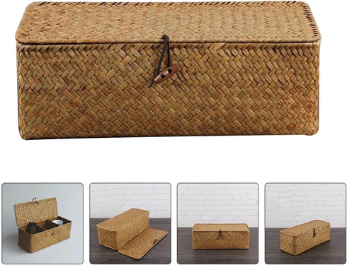 Handwoven Wicker Storage Basket with Lid, 3 Compartment Toilet Paper Holder for Bathroom, Kitchen Organizer Bin