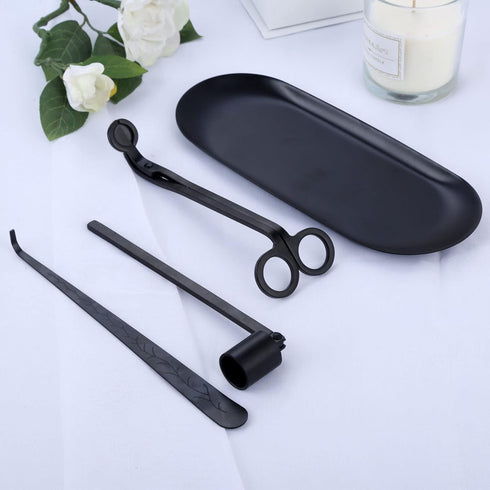 MUXSAM 4 in 1 Candle Accessory Set - Wick Trimmer, Dipper, Snuffer, Storage Tray, Candle Care Tools (Black)