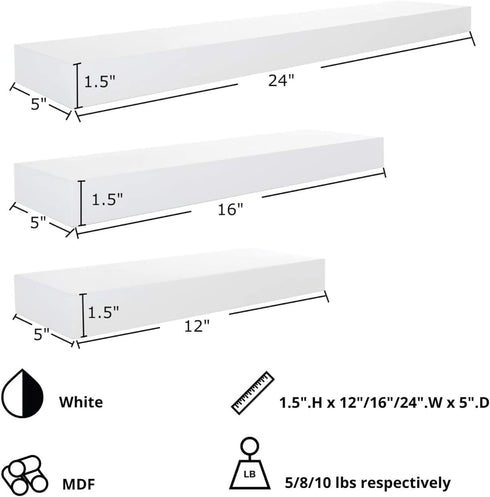 Kiera Grace Stockholm Maine Floating Wall Shelves, Set of 3, White, 12", 16", 24"