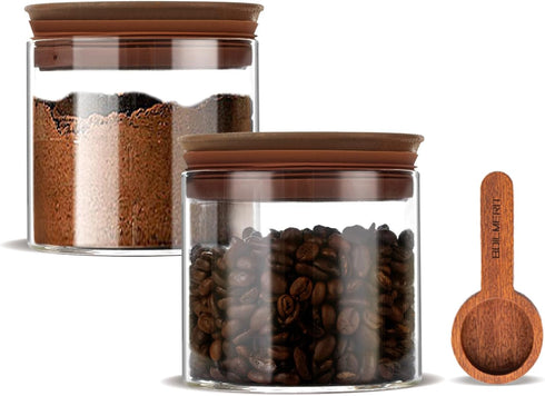 17 oz Coffee Canister with Scoop and Wooden Lids, Airtight Glass Coffee