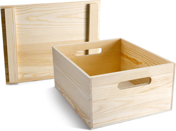 Spiareal Wooden Storage Box 15 x 12 x 7 Inches, Decorative Pine Crate with Hand Holes and Lid for Home Decor