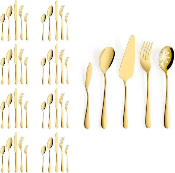 Gold Silverware Set for 8, OGORI 45-Piece Stainless Steel Flatware Set with Serving Utensils