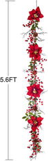 DearHouse 5.3 Ft Artificial Poinsettia Christmas Garland with Red Berries, Holly Leaves, Pine Cone Decor