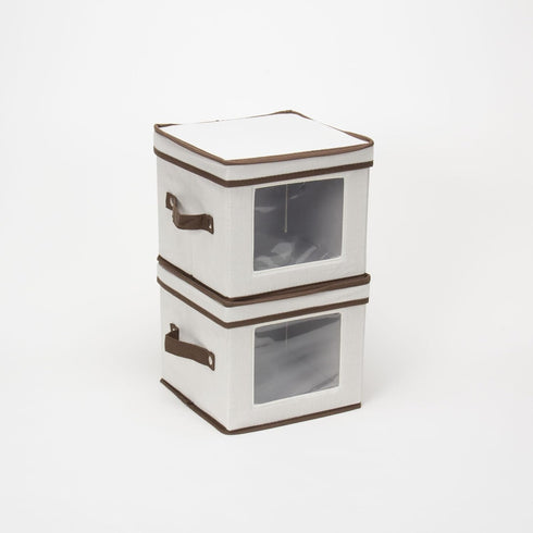 Household Essentials 534 Dinnerware Storage Box, Lid and Handles, Chest for Salad Plates, Natural Canvas with Brown Trim