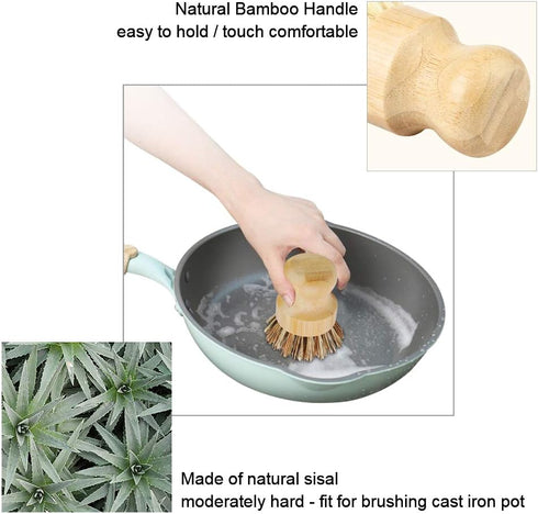 2 Pack Bamboo Dish Scrub Brush, Natural Scrub Cleaning Brush for Dishes, Cast Iron Pots, Household Cleaning