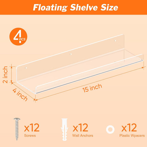 Dooiclear 4 Pack 15" Floating Shelves for Wall, Clear Book Shelf, Acrylic Floating Wall Shelf, Display Shelves