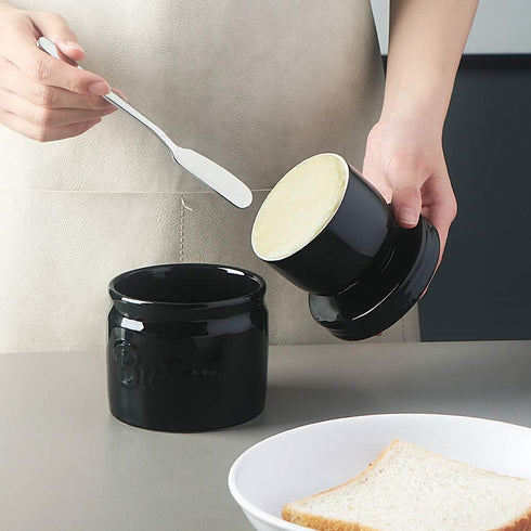 Elegant Black Porcelain Butter Keeper Crock with Water Line for Soft Butter
