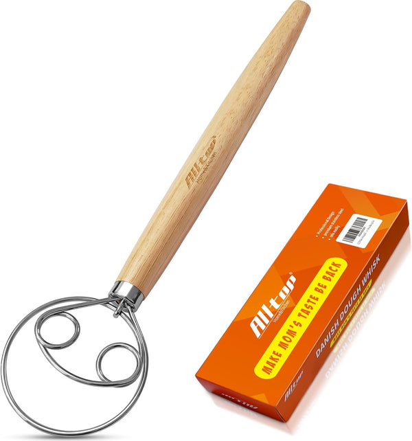 ALLTOP Danish Dough Whisk, Ultimate Dutch Mixer Hand Utensil with Stainless Steel Dough Hook for Bread