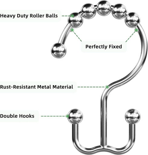 Amazer Shower Curtain Rings - Rust-Resistant Metal Double Hooks for Bathroom Shower Curtain Rod, Chrome, Set of 12