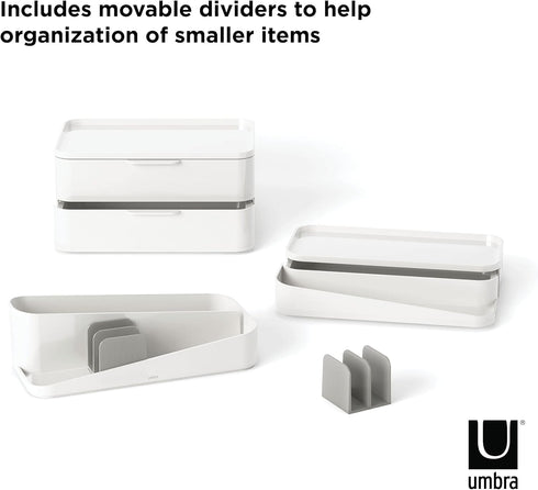 Umbra Glam Organizer, Large Makeup Organizer with Three Drawers, Rubber Feet and Removable Dividers, White/Grey