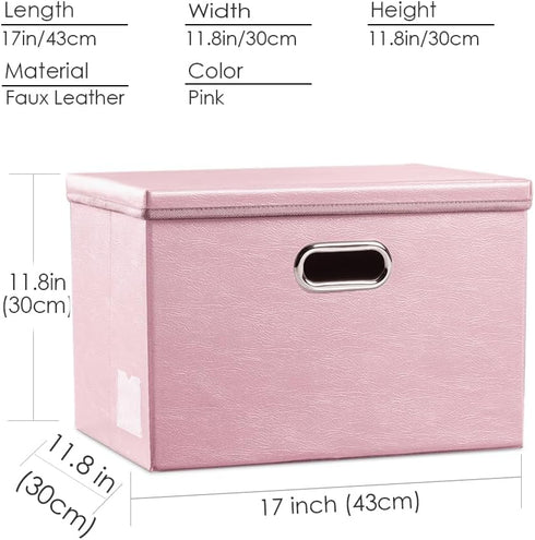PRANDOM Large Collapsible Storage Box with Lid - 1-Pack Pink Leather Fabric Foldable Organizer Container for Home,