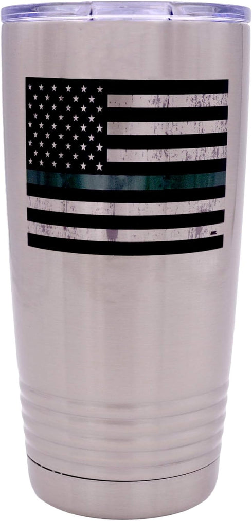 Rogue River Tactical Thin Green Line Flag Large 20 Ounce Stainless Steel Travel Tumbler Mug Cup for Military Federal
