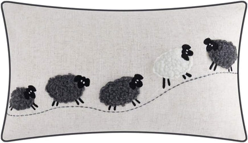 JWH Decorative Animal Embroidery Sheeps Pillow Cover, Cotton Lumbar Cushion for Sofa Couch Bed, 12x20 Inch White and