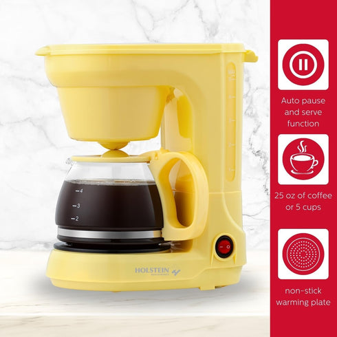 Holstein Housewares 5 Cup Drip Coffee Maker, User Friendly with Permanent Filter, Yellow