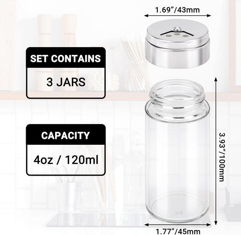 Segarty Spice Jar with Shaker Lids, 3 Pack 4 oz Glass Spice Jars with Adjustable Pour Large Holes, Empty Storage Seasoning Containers Spices Bottles Stainless Lid Salt Shakers for Kitchen Drawer by Segarty