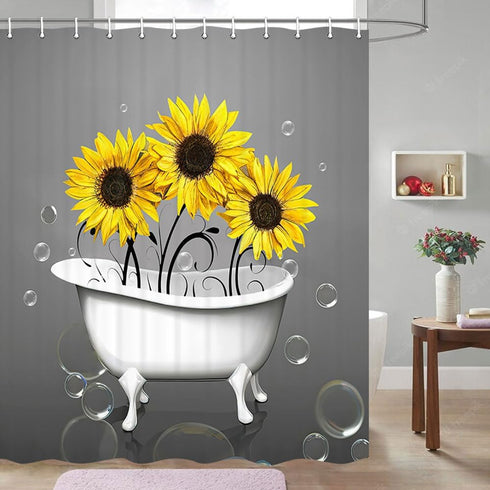 Rustic Farmhouse Shower Curtain - Yellow and Gray Fabric Floral Sunflower Shower Curtain with Hooks, 72X72 inch