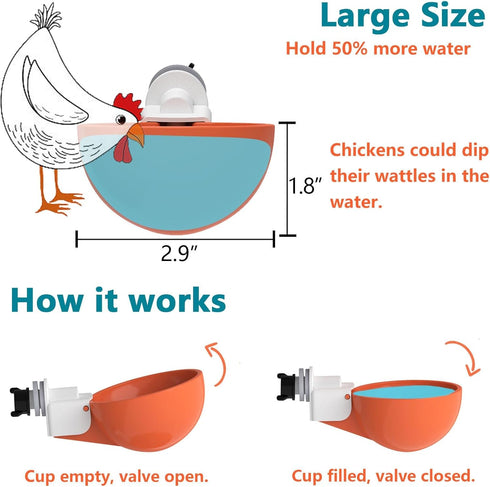 8 Pack Large Automatic Chicken Waterer Cups | Chicken Water Feeder | Poultry Water Feeder Kit | Tee Fittings Poultry