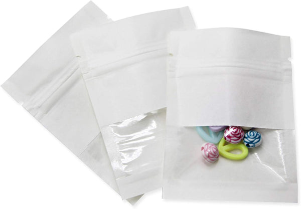 FERENLI 100Pcs Kraft Paper Window Bags, Smell Proof Food Storage Pouch for Candy Coffee Beans (7x9cm, White)