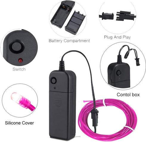 MaxLax 9.8ft/3m Pack 360 EL Wire Purple, Portable Battery Neon Light Strip Cuttable Glowing Rope Lights for Parties