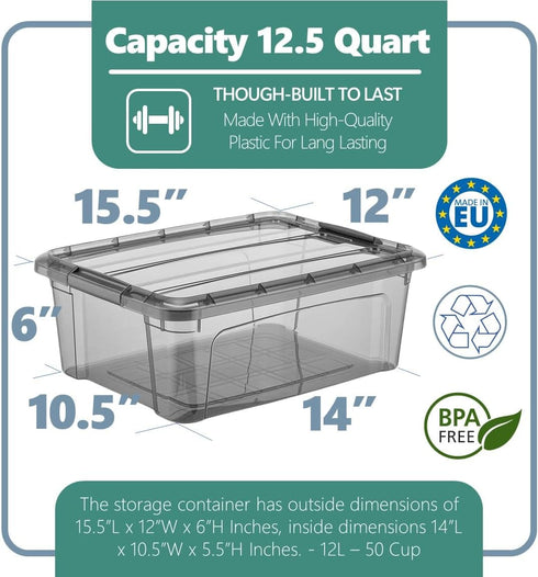 Tribello 12.5 Quart Storage Bins with Lids, Plastic Containers with Latching Lids for Organizing, Set of 2, Made in EU