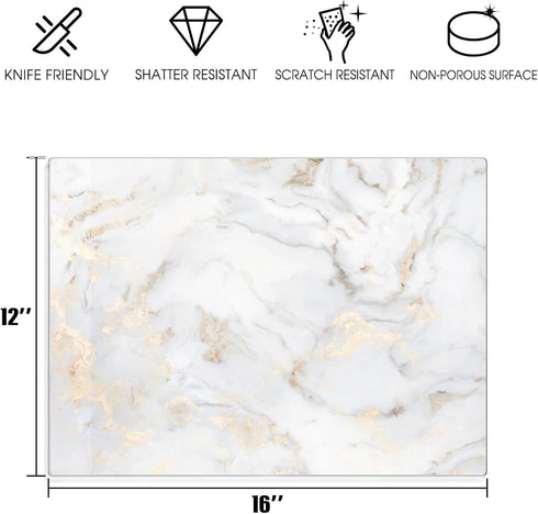 Tempered Glass Cutting Board with White Gold Marble for Kitchen, 16"x 12" Glass Chopping Board, Dishwasher Safe