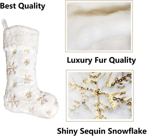 AOGU 3 Pack 22 Inch Faux Fur Sequin Christmas Stockings, Snowy White Hanging Ornaments, Gold