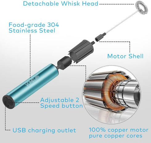 Milk Frother, Rechargeable Battery Operated Frother for Coffee,Portable Drink Mixer with 2 Stainless Steel Whisk Heads,Milk Foamer for Keto Coffee, Latte, Cappuccino, Hot Chocolate,Light Blue by VOMELON