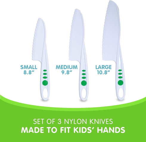3-Piece Nylon Knives for Kids Curious Chef - White & Green - Child Safe & Serrated Blunt Tip Chef Knives - Safe for