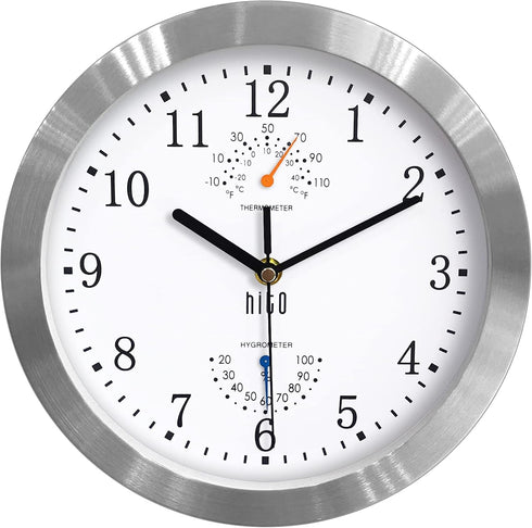 HITO 10 Inch Silent Wall Clock, Battery Operated, Non-Ticking, Glass Cover, Silver Aluminum Frame, Home Decor