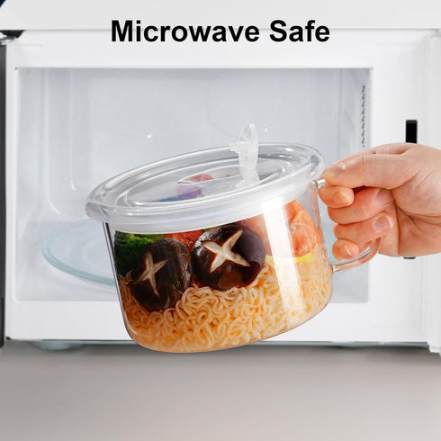 Ramen Bowl Set, Glass Salad Bowl with Lid, 34oz Portable Ramen Cooker with Handle, Microwavable with Chopsticks