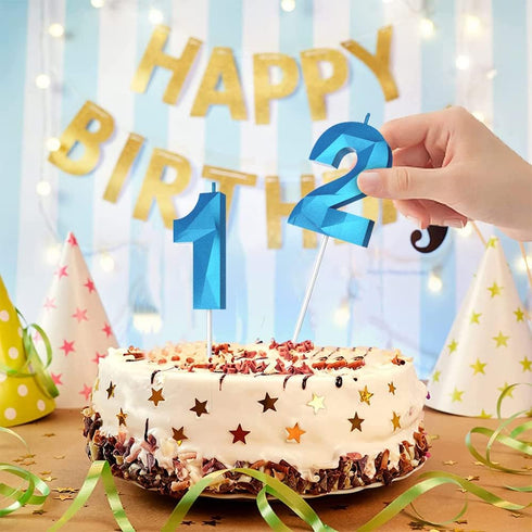 Number Birthday Candles (10 Candle Blue), 3D Diamond Shape Happy Birthday Cake Candles for Party Decoration