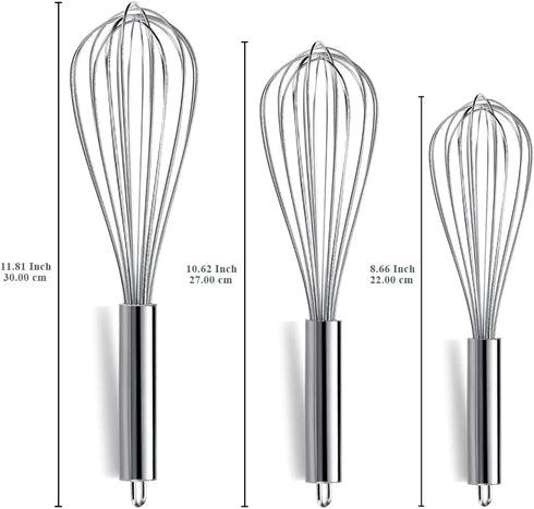 Berglander Whisk Set Pack of 3, Stainless Steel Cooking Whisks 8", 10", 12" Wire Balloon Whisk (Silver)