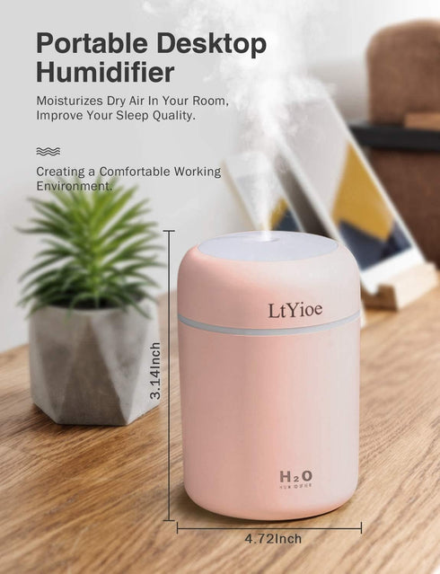 Mini Humidifier Cool Colorful USB Personal Desktop for Car, Office, Bedroom, Auto Shut-Off, 2 Mist Modes, Quiet (Pink)