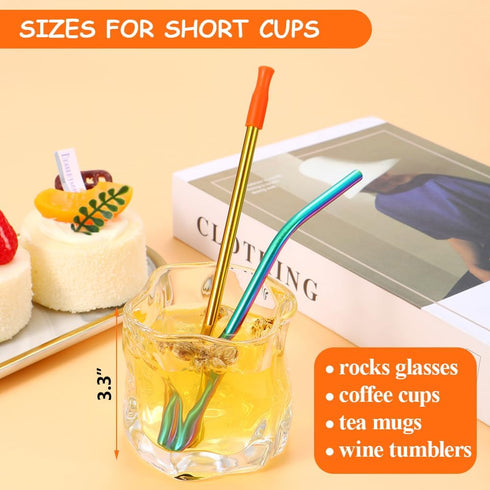 Lazycorner 16 Pcs Short Metal Straw - 6mm 5.5" 6.5" Kids Reusable Straws with Silicone Tips and Cleaner, Rainbow