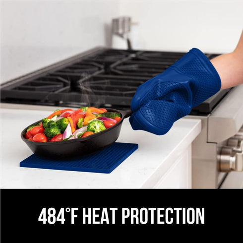 Gorilla Grip Heat and Slip Resistant 4 Piece Silicone Oven Mitt and Trivets Set, Blue