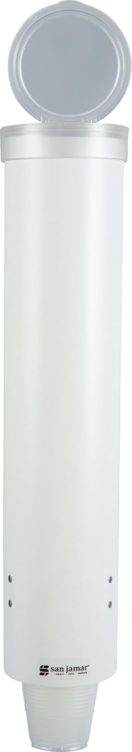 San Jamar Medium Cup Dispenser for 4-10 Oz. Cups, White Plastic, 16 Inches, Flip Cap for Restaurants