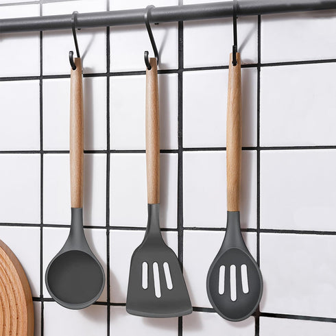 Kitchen Cooking Utensils Set, 6Pcs Silicone Gadgets with Wooden Handle, Heat Resistant Spatula, Ladle, Turner Set