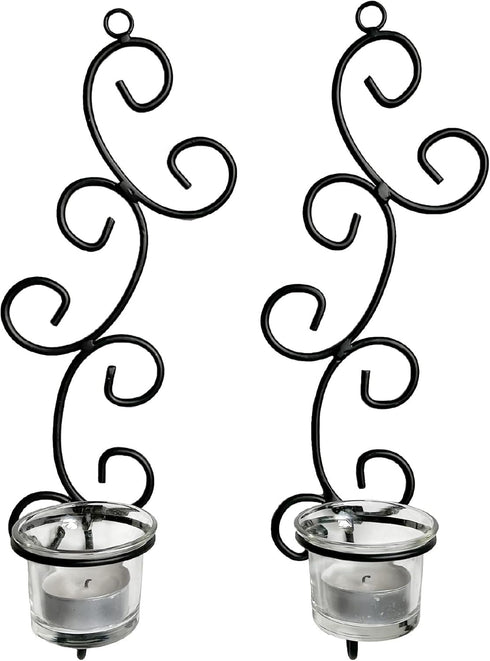 Set 2, 2 Lilys Home Deco Swirl Wall Sconce Tea Light Candle Holders, Steel, Black, of with Clear Glass Tealight Candle