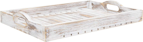 16 11 Inches MyGift Shabby Chic Whitewashed Wood Breakfast Serving Tray with Cutout Handles with Slatted Design
