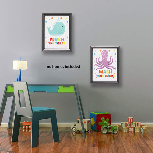 Funny Colorful Bathroom Ocean Life Quotes Art Print, Set of 4 8X10 inch Canvas Wall Art for Kids Washroom