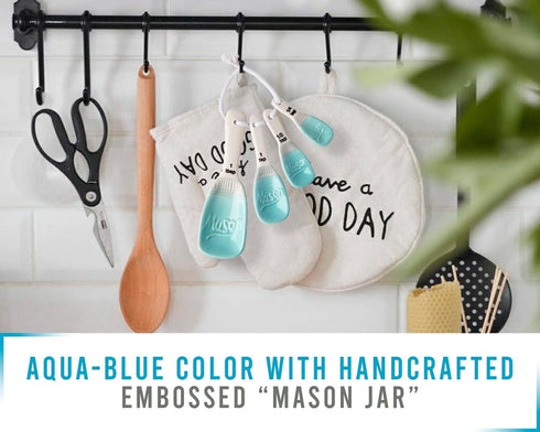 Ceramic Mason Jar Measuring Spoons, Aqua Blue, 4 Rustic Tablespoons for Farmhouse Kitchen Decor