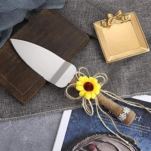 TANG SONG Rustic Wedding Cake Knife and Serving Set, Sunflower Burlap Lace, Set of 2