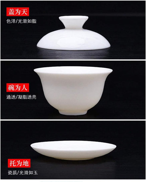 Gaiwan White Glaze Porcelain Teacup, Kung Fu Tea Service Set for Home Office Decoration (100ml)