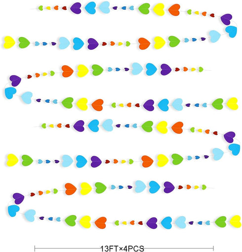 52Ft Valentines Day Party Decorations, Rainbow Love Heart Garland, Colorful Hanging Paper Heart Streamer Banner