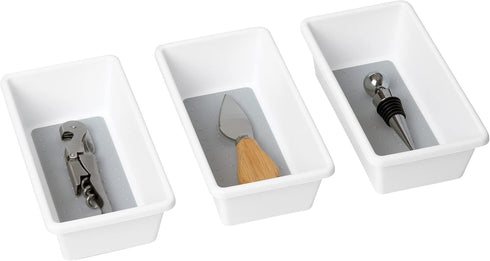 Smart Design Plastic Drawer Organizer Set of 3 - 6.75 x 3.75 Inch, Non-Slip Lining and Feet, BPA Free, White with Gray