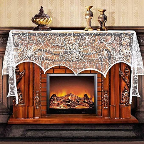 AerWo Halloween Decorations Indoor Fireplace Mantel Scarf, White Lace Spiderweb Cover for Halloween Mantle Decor, 18x96