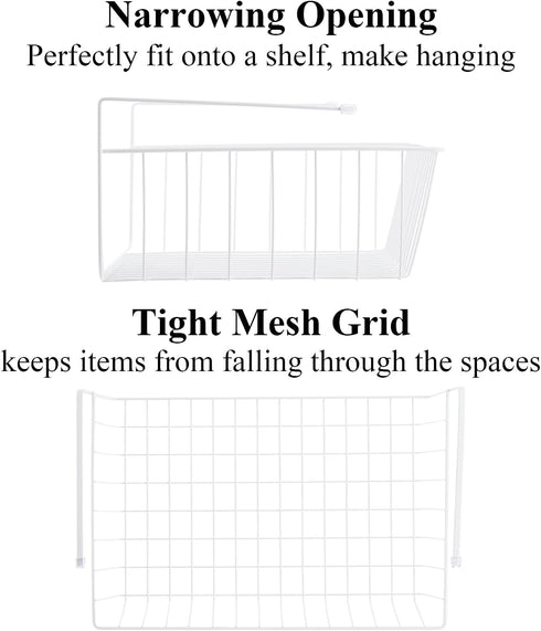 4 Pack Tebery White Under Shelf Wire Basket Hanging Storage Baskets, Under Cabinet Add-on Storage Racks Slide