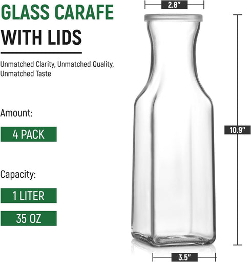 Set 4 1 of Square Glass Carafe with Lid, Liter Clear Glass Pitcher, Beverage Serveware Carafe for Mimosa Bar, Brunch